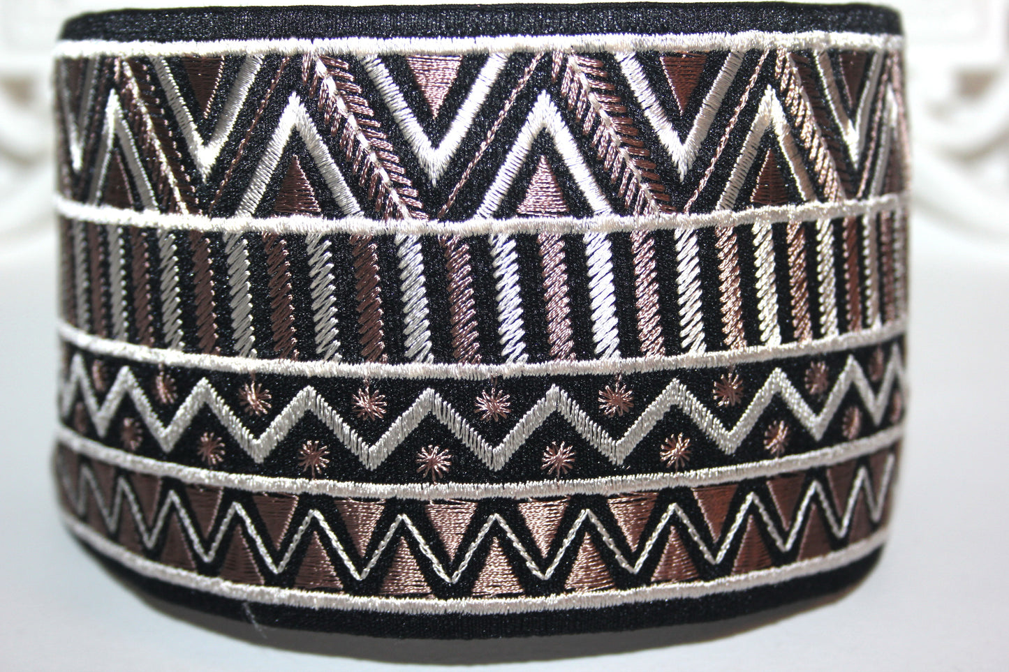 Embroidered headband 3.15 inch Brown & Black geometric pattern festival head accessory