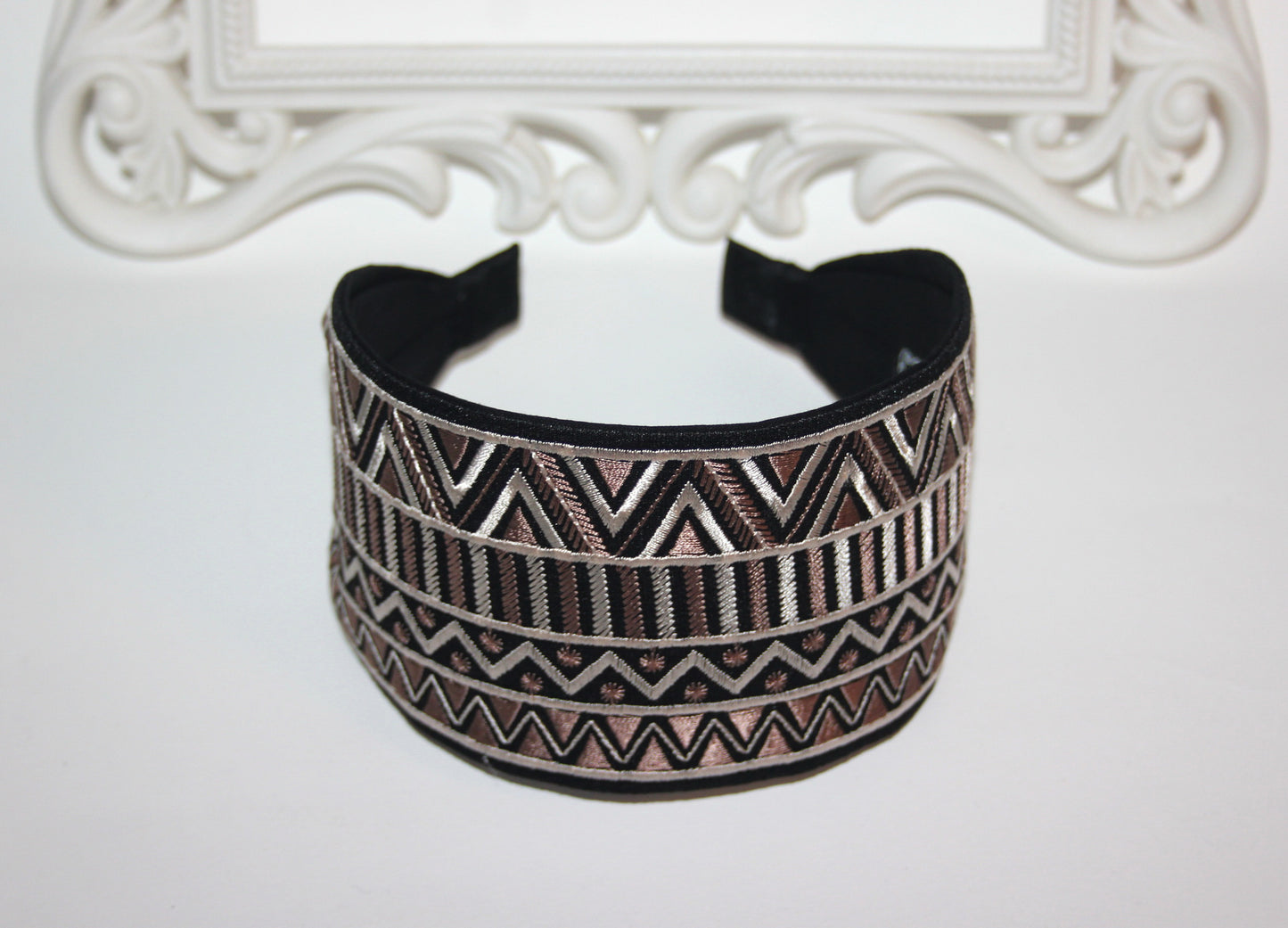 Embroidered headband 3.15 inch Brown & Black geometric pattern festival head accessory