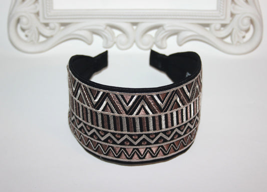 Embroidered headband 3.15 inch Brown & Black geometric pattern festival head accessory