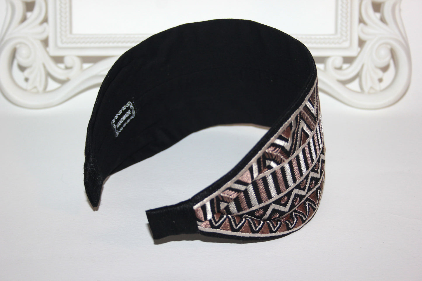 Embroidered headband 3.15 inch Brown & Black geometric pattern festival head accessory