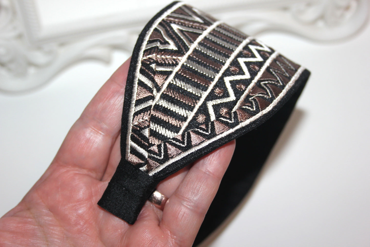 Embroidered headband 3.15 inch Brown & Black geometric pattern festival head accessory