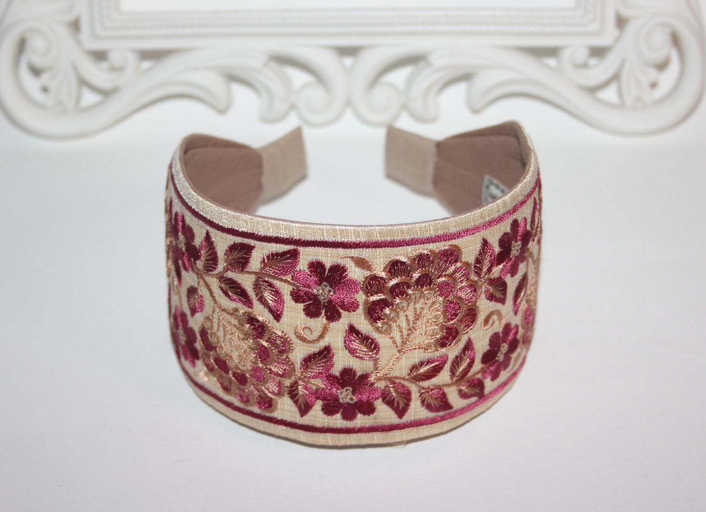 Beige & Wine Red embroidered headband for women 3" inch statement wide hairband