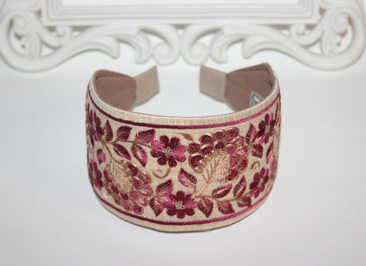 Beige & Wine Red embroidered headband for women 3" inch statement wide hairband