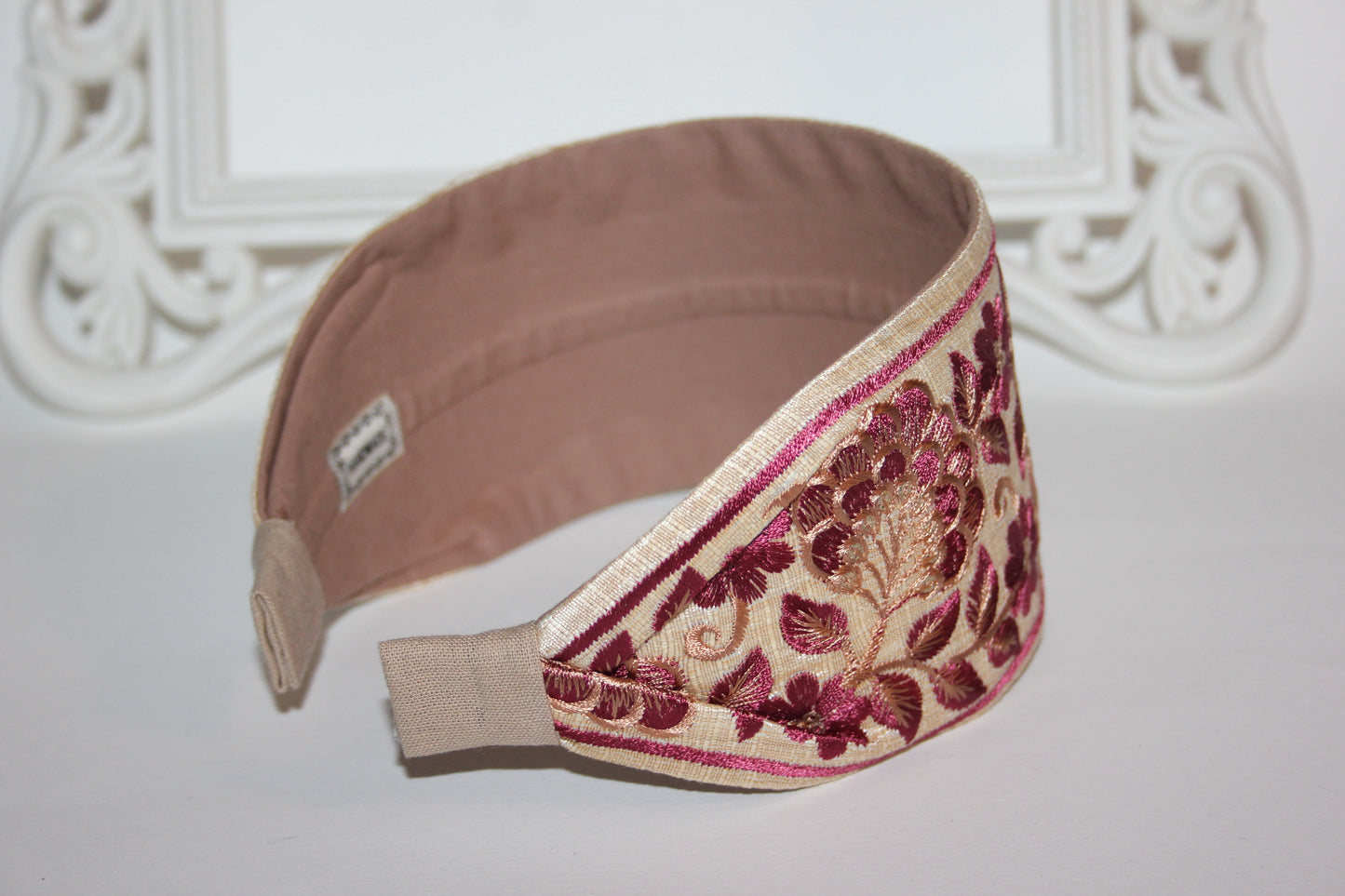 Beige & Wine Red embroidered headband for women 3" inch statement wide hairband