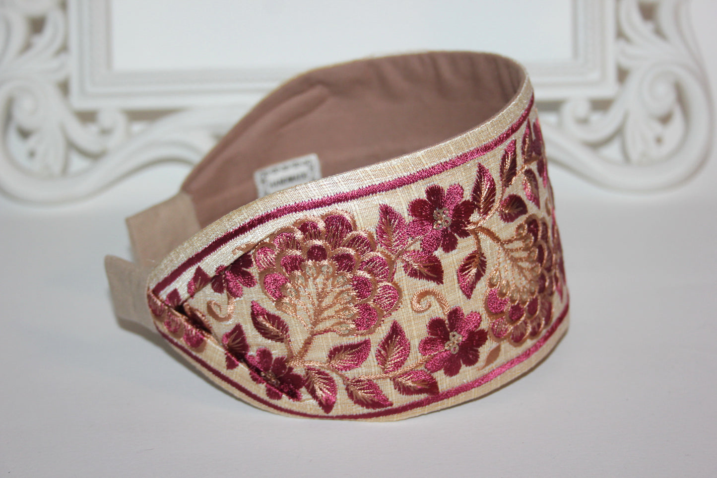 Beige & Wine Red embroidered headband for women 3" inch statement wide hairband