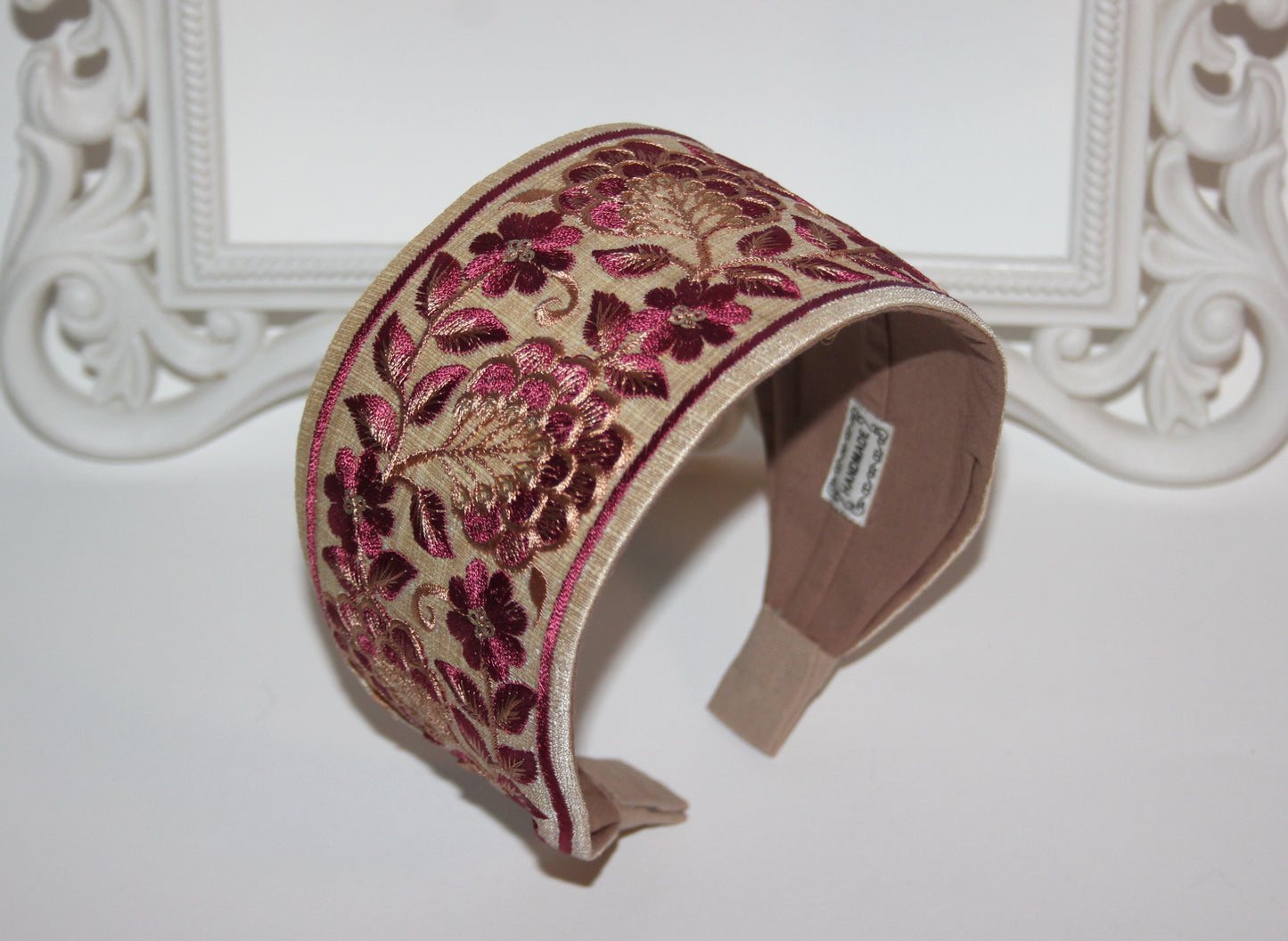 Beige & Wine Red embroidered headband for women 3" inch statement wide hairband
