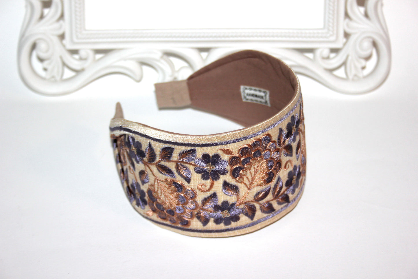 Fashion embroidered headband for women 3" inch Beige & Gray statement wide hairband