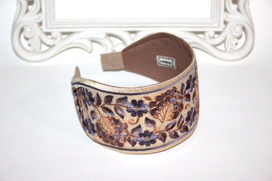 Fashion embroidered headband for women 3" inch Beige & Gray statement wide hairband