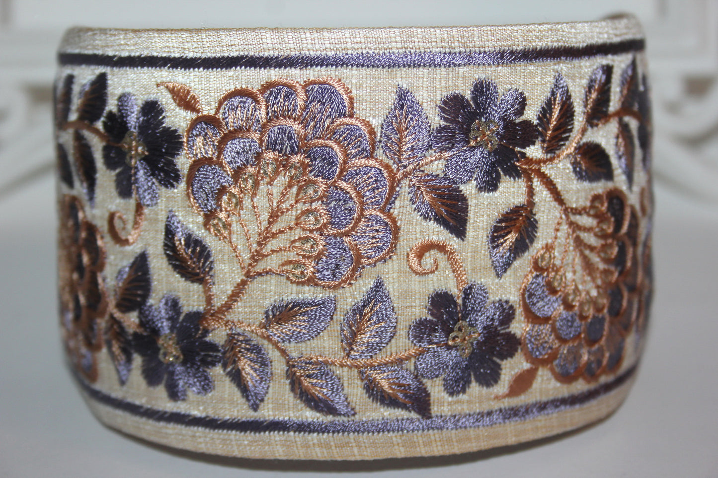 Fashion embroidered headband for women 3" inch Beige & Gray statement wide hairband