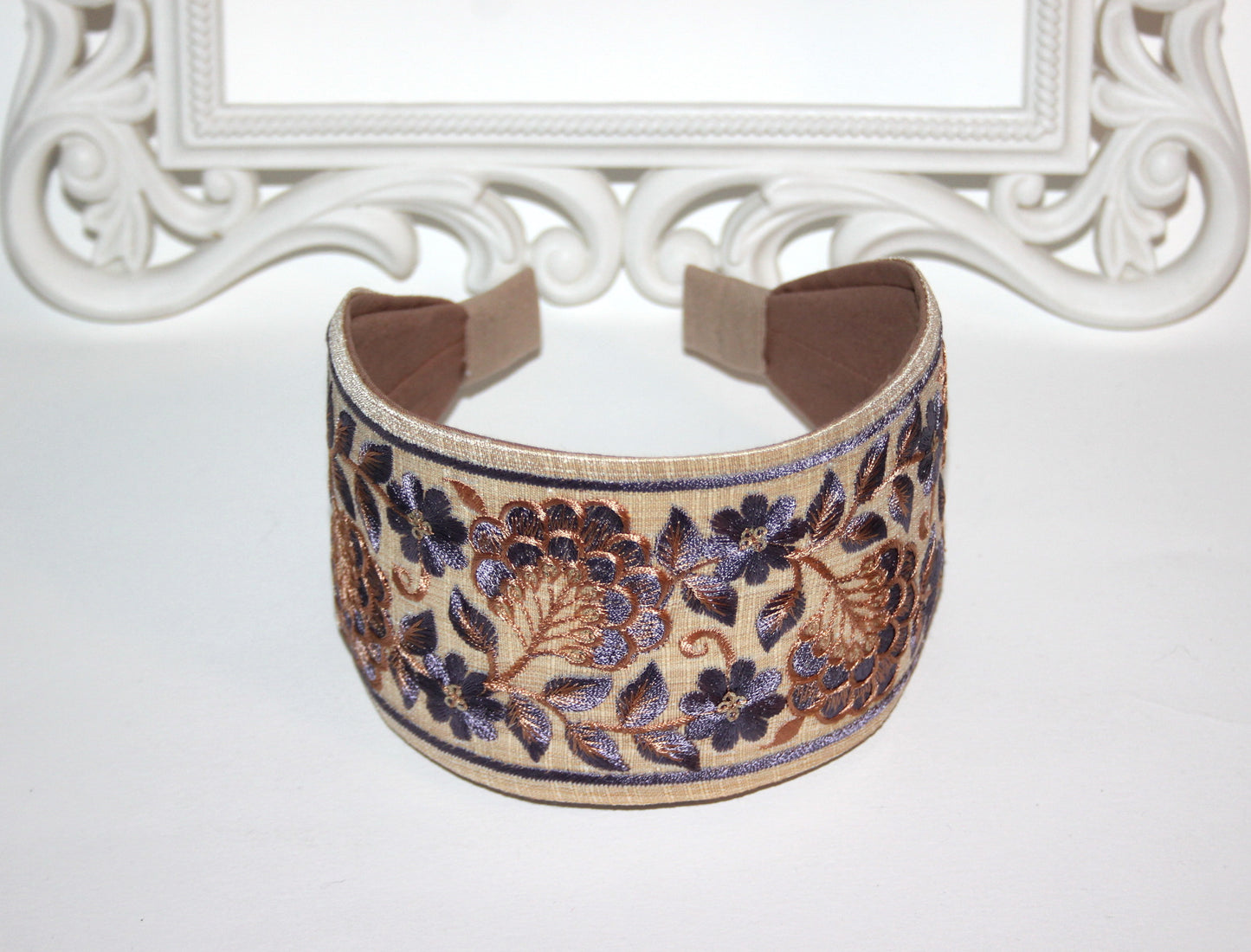 Fashion embroidered headband for women 3" inch Beige & Gray statement wide hairband