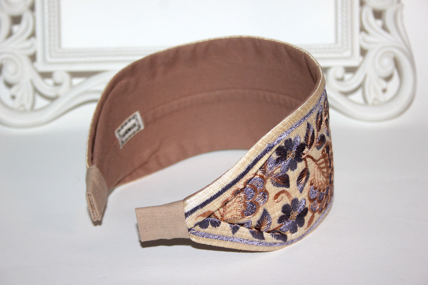 Fashion embroidered headband for women 3" inch Beige & Gray statement wide hairband