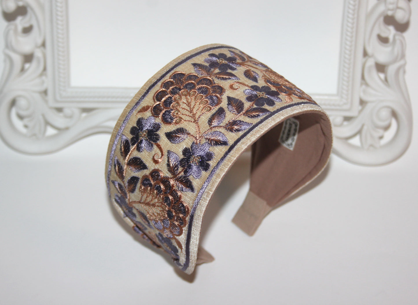 Fashion embroidered headband for women 3" inch Beige & Gray statement wide hairband