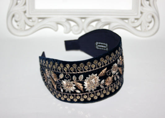 Dark Blue fashion headband 2.9" inch Embroidered sequin velvet hairband