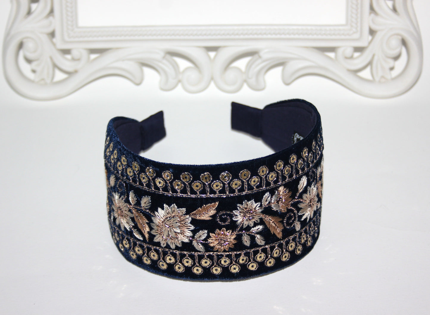 Dark Blue fashion headband 2.9" inch Embroidered sequin velvet hairband