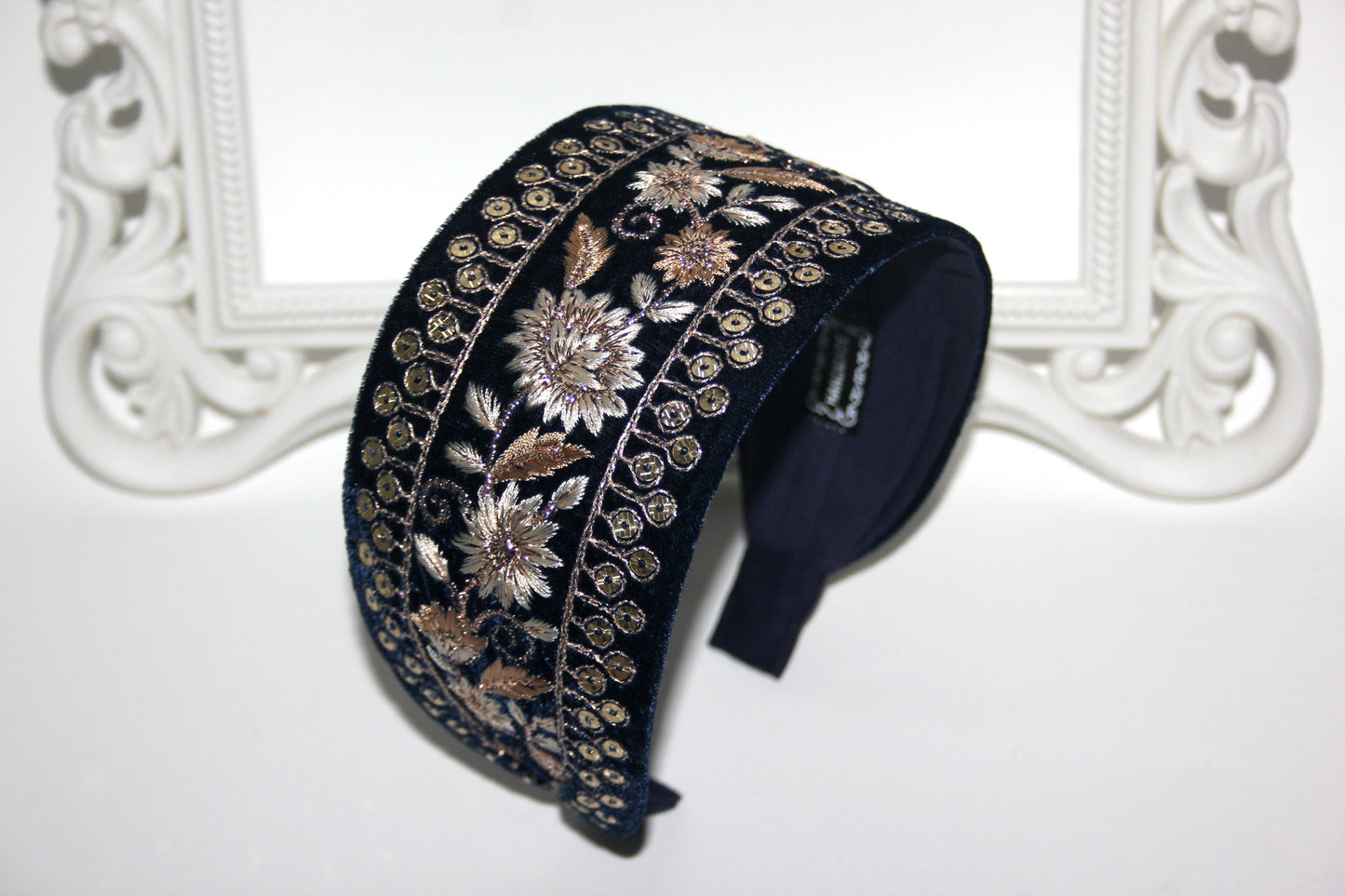 Dark Blue fashion headband 2.9" inch Embroidered sequin velvet hairband