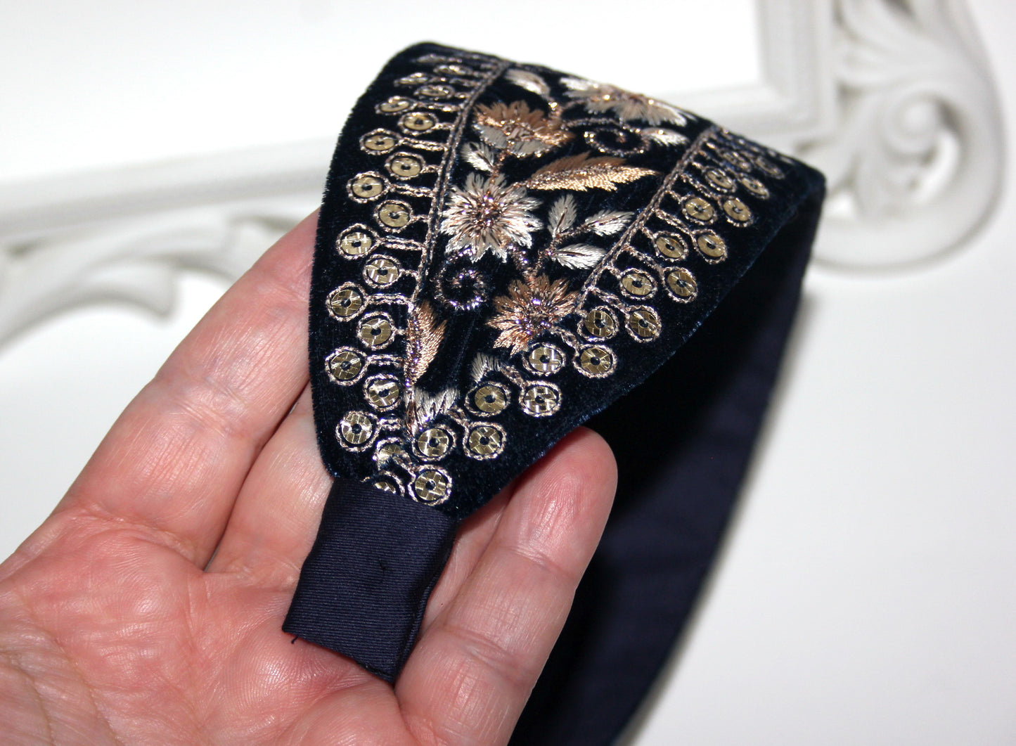 Dark Blue fashion headband 2.9" inch Embroidered sequin velvet hairband