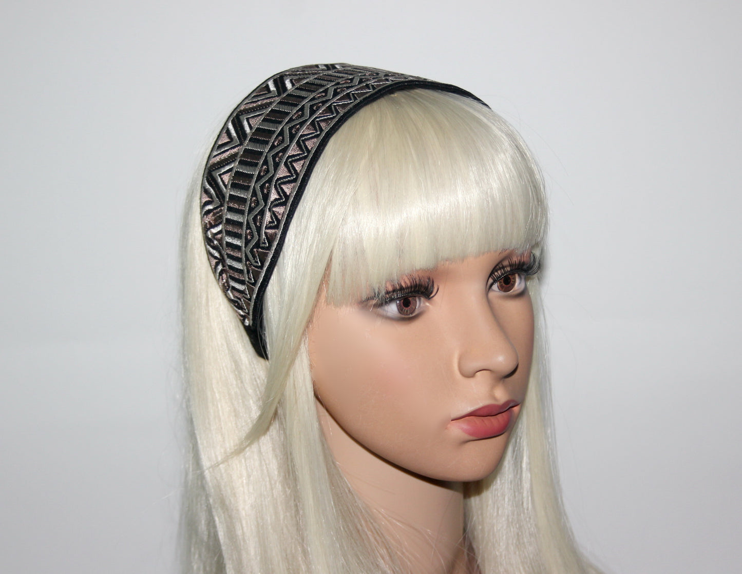 Embroidered headband 3.15 inch Brown & Black geometric pattern festival head accessory