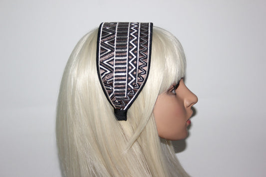 Embroidered headband 3.15 inch Brown & Black geometric pattern festival head accessory