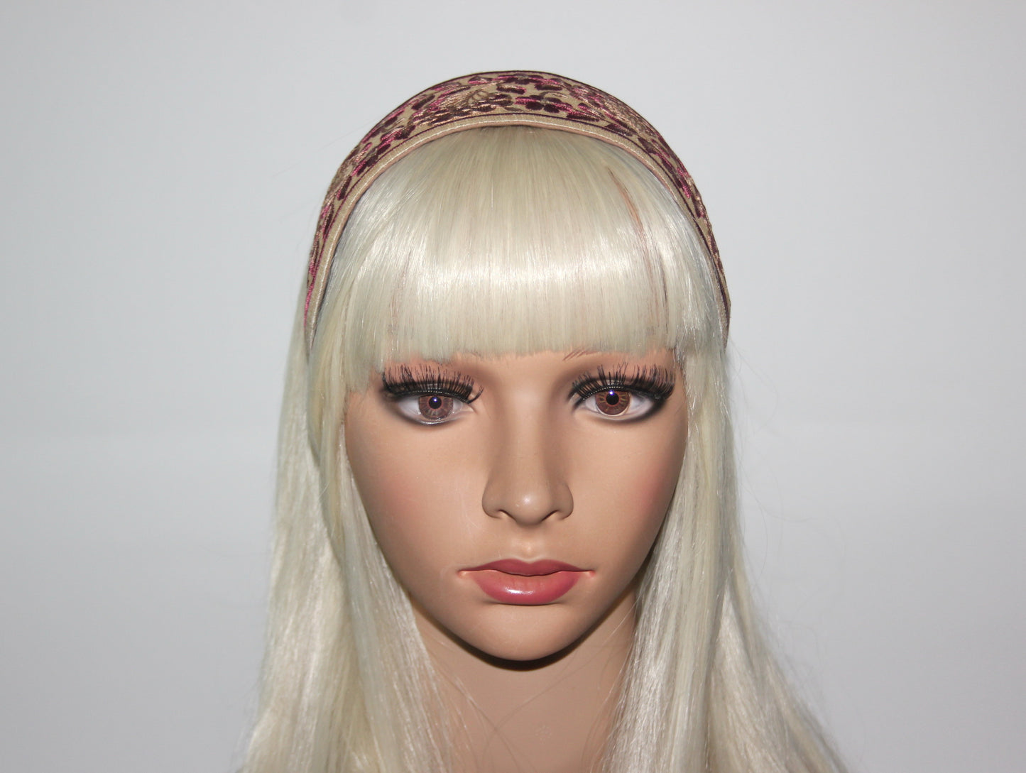 Beige & Wine Red embroidered headband for women 3" inch statement wide hairband
