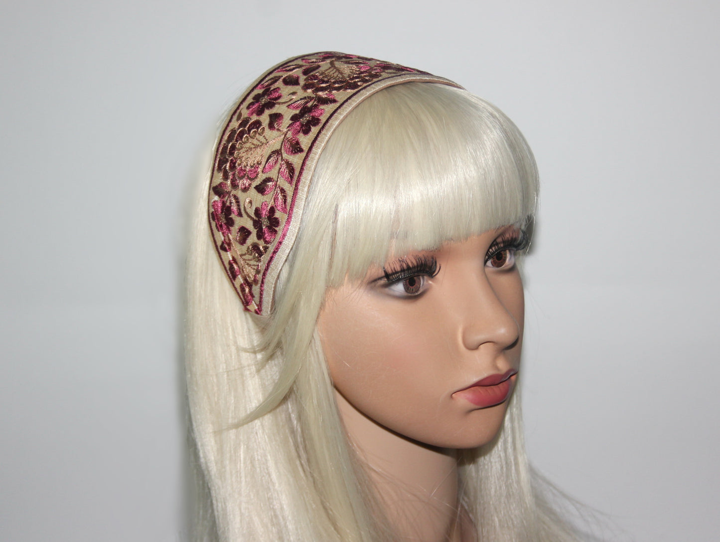 Beige & Wine Red embroidered headband for women 3" inch statement wide hairband