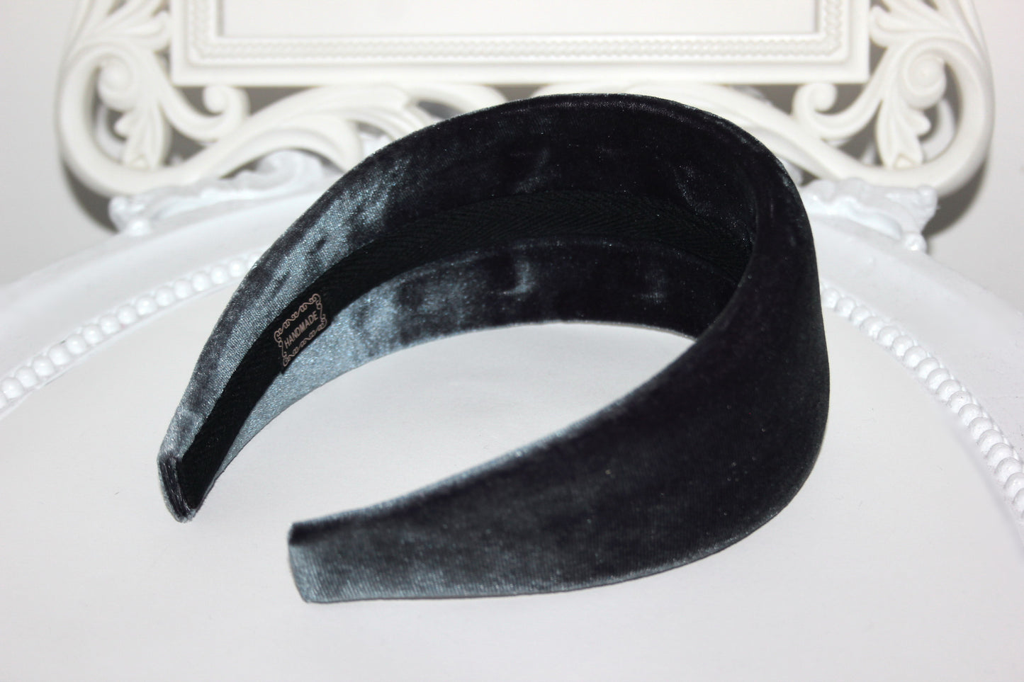 Gray Padded velvet headband, Elegant head cover, plastic free