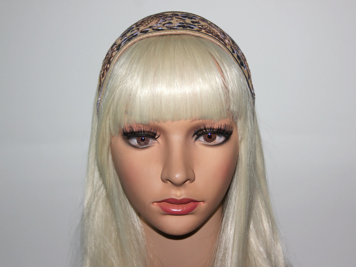 Fashion embroidered headband for women 3" inch Beige & Gray statement wide hairband