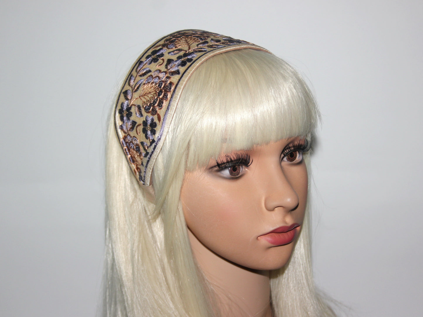 Fashion embroidered headband for women 3" inch Beige & Gray statement wide hairband