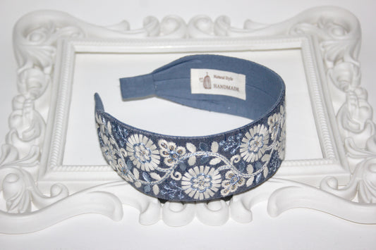 Blueberries Blue embroidered 2" headband for women Exquisite silk hairband scarf