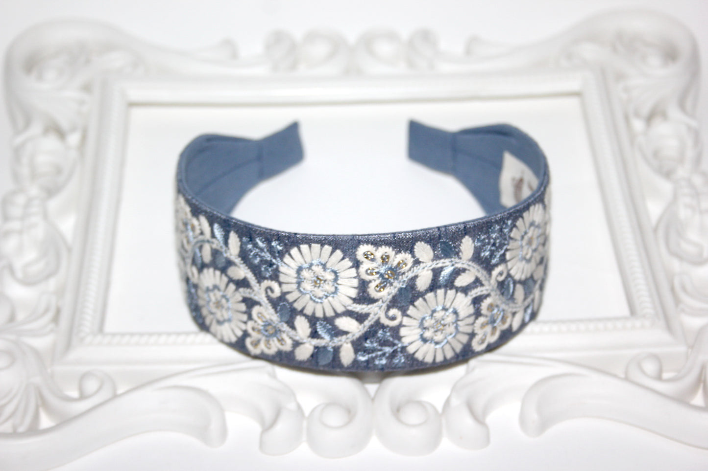 Blueberries Blue embroidered 2" headband for women Exquisite silk hairband scarf