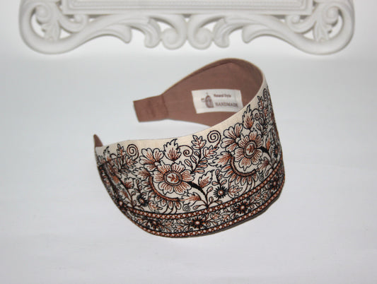Brown flower headband for women Embroidered 3.15'' inch wide hairband festival boho head wrap