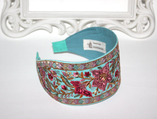 Embroidered headband 3.15"inch Aqua Blue & Red Elegant boho head wrap
