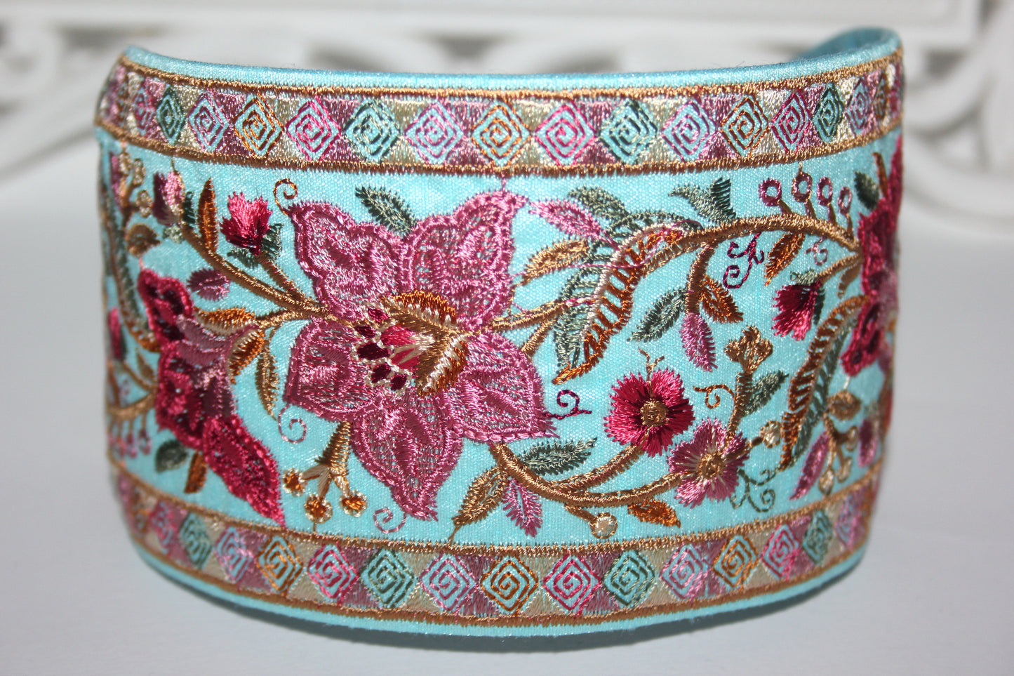 Embroidered headband 3.15"inch Aqua Blue & Red Elegant boho head wrap
