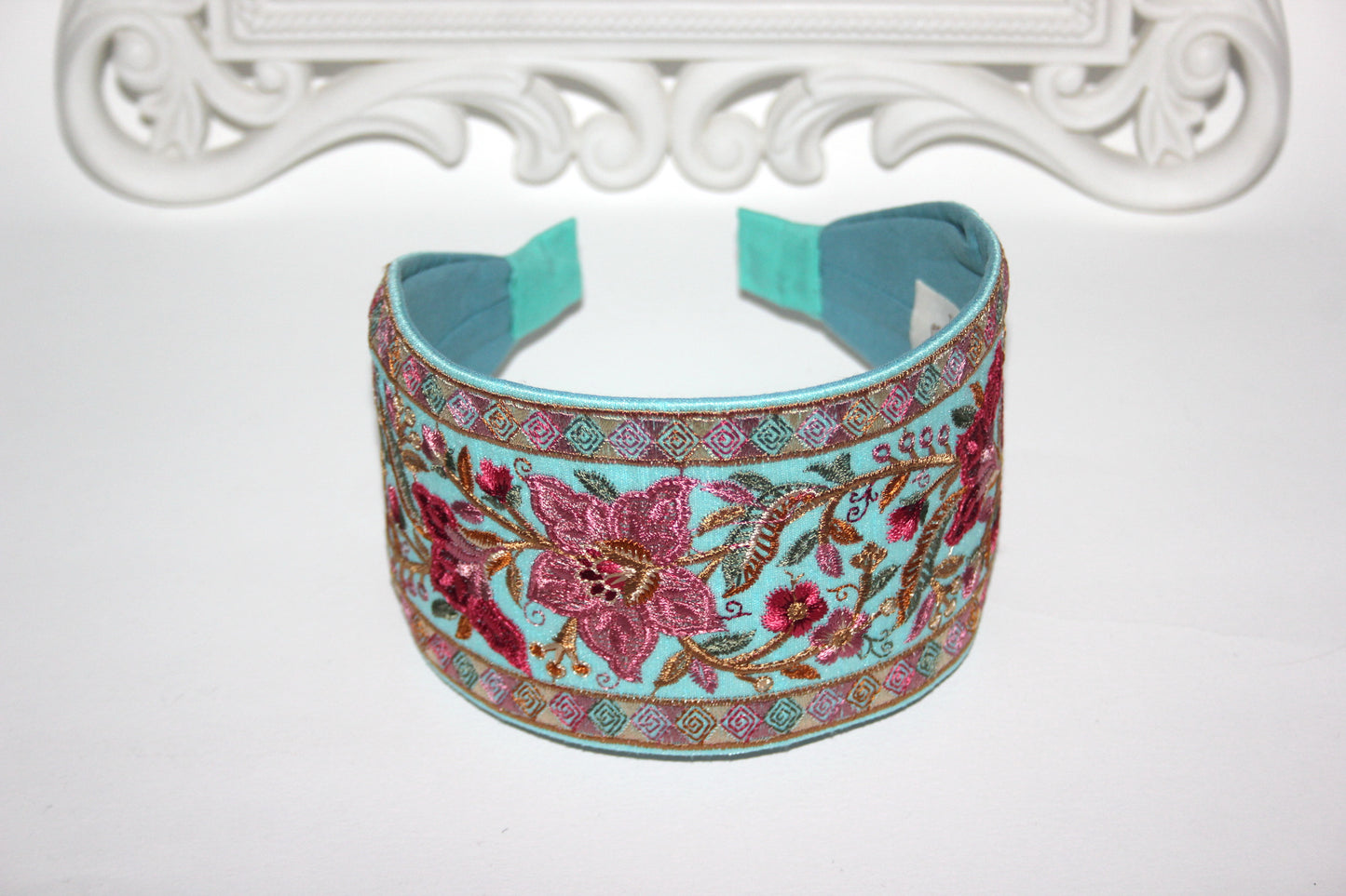 Embroidered headband 3.15"inch Aqua Blue & Red Elegant boho head wrap