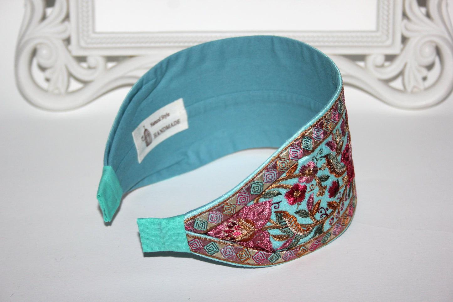 Embroidered headband 3.15"inch Aqua Blue & Red Elegant boho head wrap