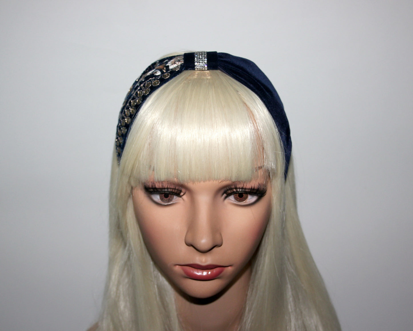 Embroidered headband 2.75''inch Dark Blue & Gold silk velvet hairband