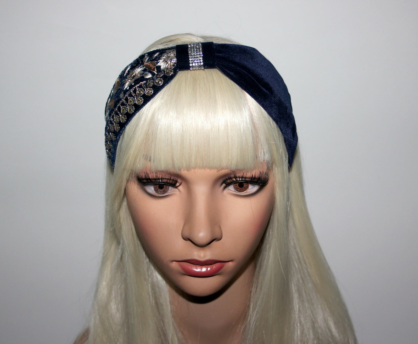 Embroidered headband 2.75''inch Dark Blue & Gold silk velvet hairband