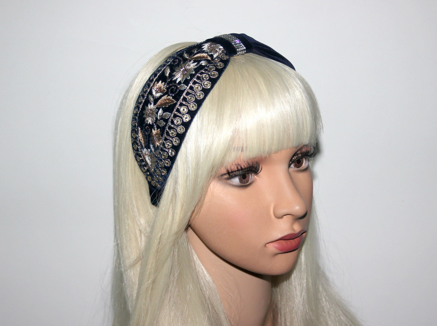 Embroidered headband 2.75''inch Dark Blue & Gold silk velvet hairband