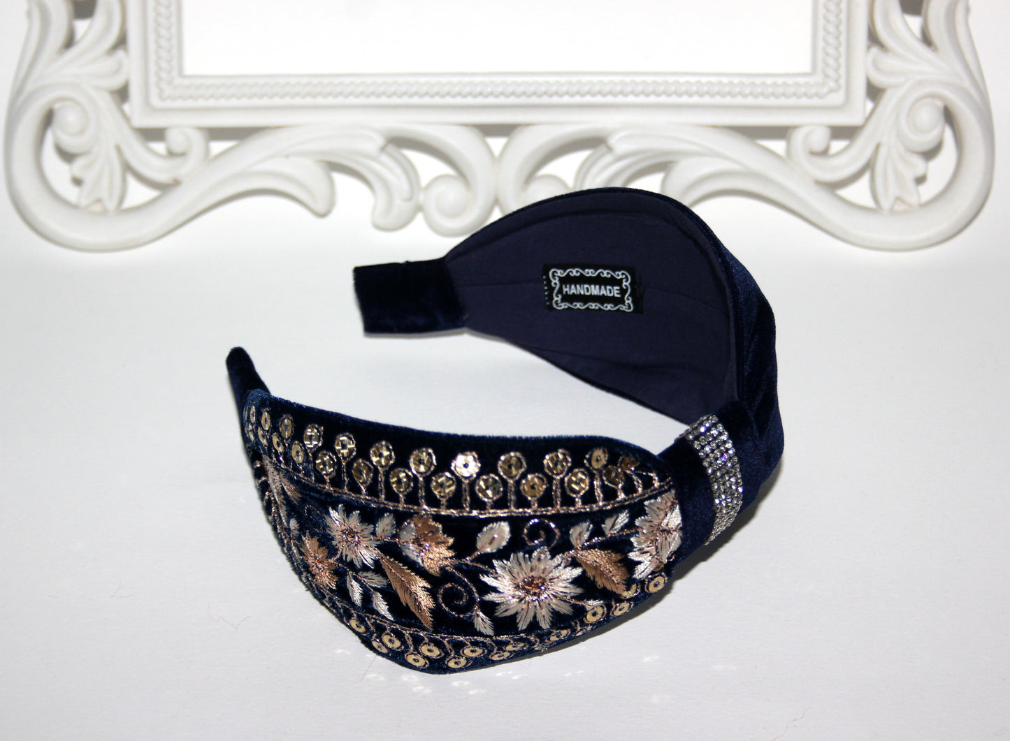 Embroidered headband 2.75''inch Dark Blue & Gold silk velvet hairband