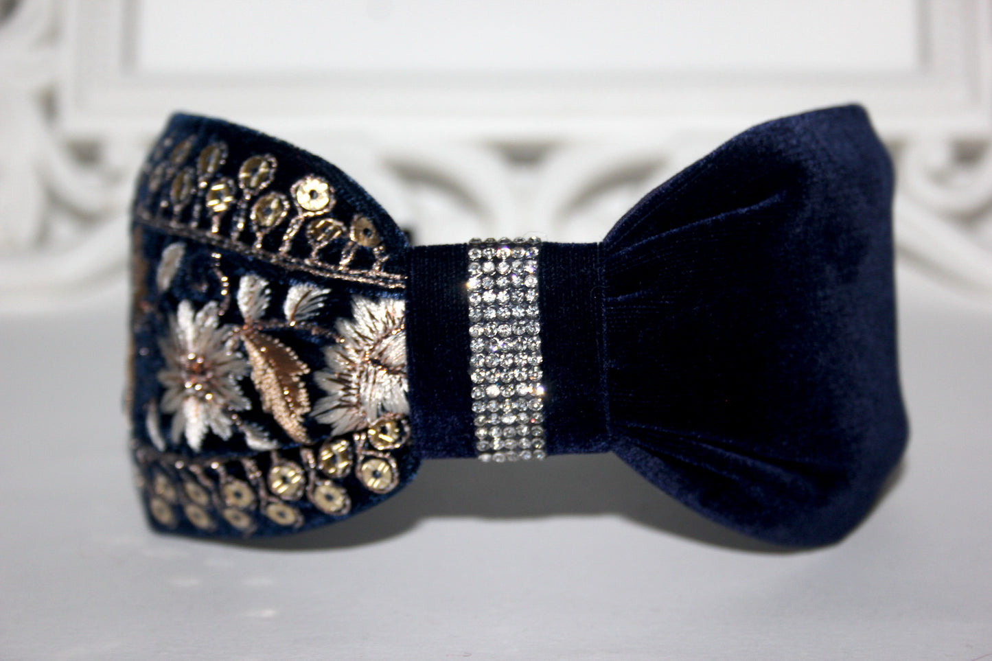 Embroidered headband 2.75''inch Dark Blue & Gold silk velvet hairband