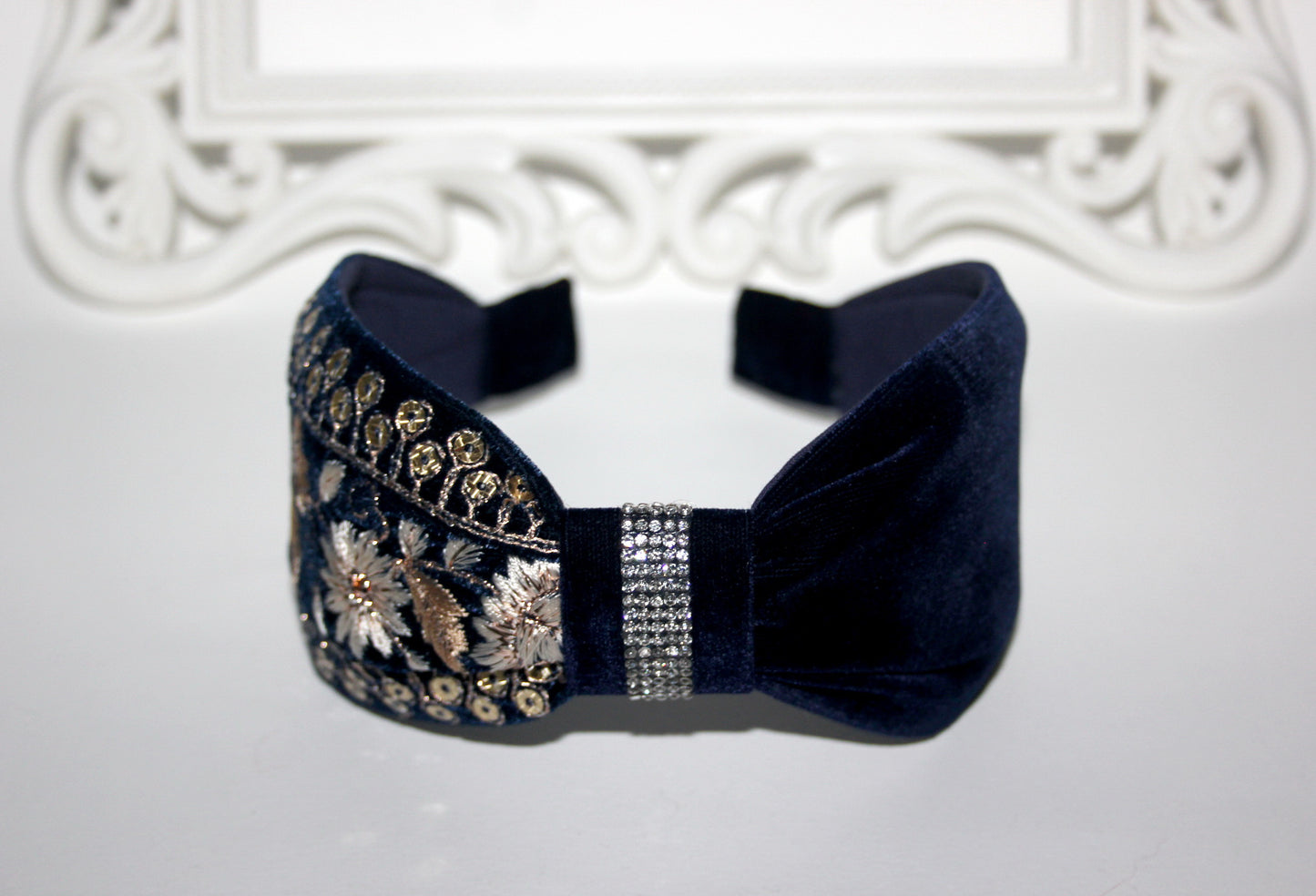 Embroidered headband 2.75''inch Dark Blue & Gold silk velvet hairband