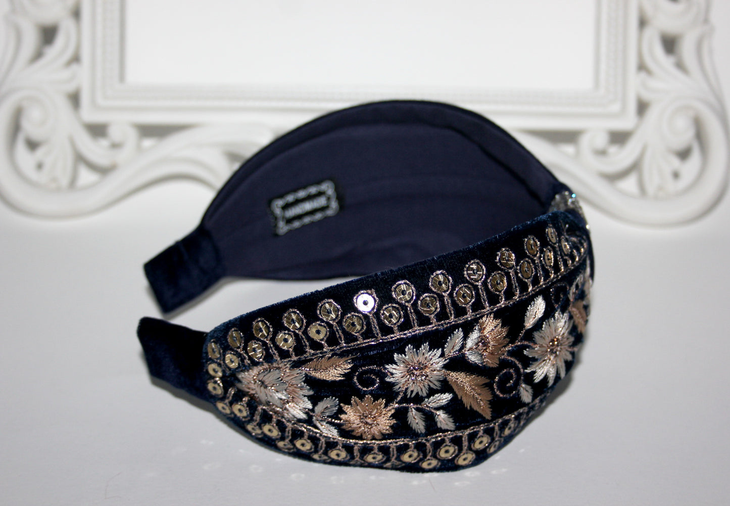 Embroidered headband 2.75''inch Dark Blue & Gold silk velvet hairband