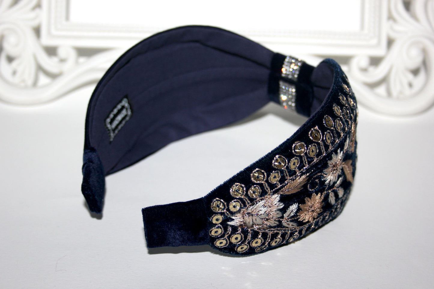 Embroidered headband 2.75''inch Dark Blue & Gold silk velvet hairband
