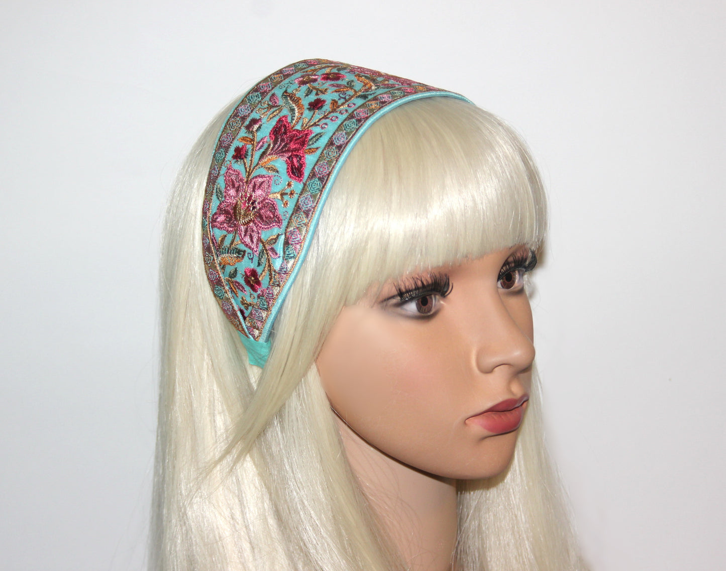 Embroidered headband 3.15"inch Aqua Blue & Red Elegant boho head wrap