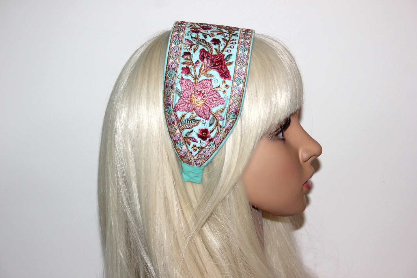 Embroidered headband 3.15"inch Aqua Blue & Red Elegant boho head wrap
