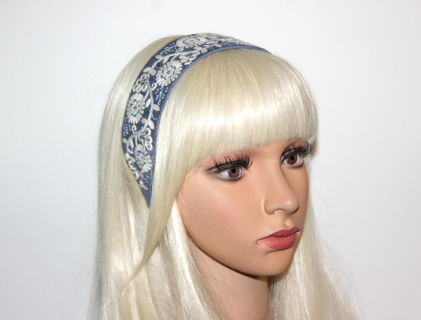 Blueberries Blue embroidered 2" headband for women Exquisite silk hairband scarf