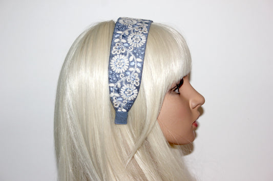 Blueberries Blue embroidered 2" headband for women Exquisite silk hairband scarf