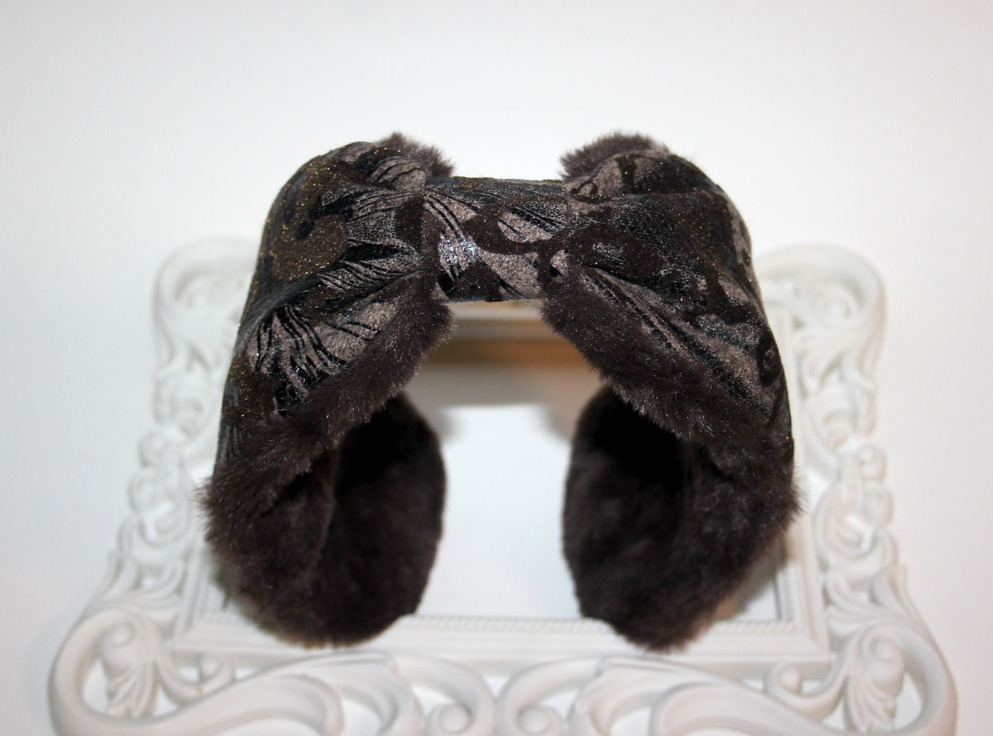 Dark Brown earmuff Women ear warmer Flocked/flece/patent abstract pattern fabric, faux fur fluffy ear muff skiing headphones running earmuff