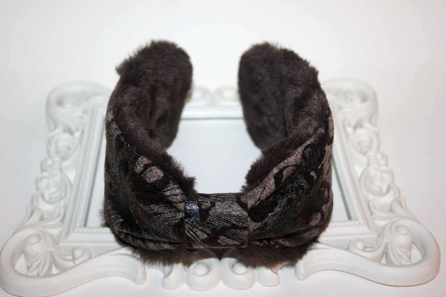 Dark Brown earmuff Women ear warmer Flocked/flece/patent abstract pattern fabric, faux fur fluffy ear muff skiing headphones running earmuff