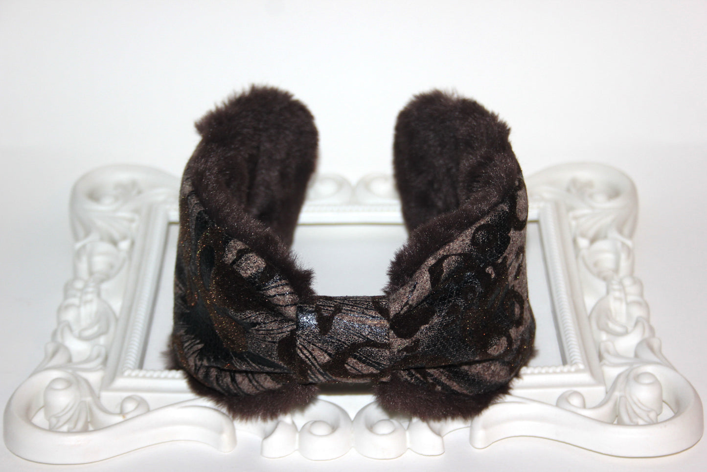 Dark Brown earmuff Women ear warmer Flocked/flece/patent abstract pattern fabric, faux fur fluffy ear muff skiing headphones running earmuff