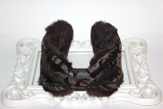 Dark Brown earmuff Women ear warmer Flocked/flece/patent abstract pattern fabric, faux fur fluffy ear muff skiing headphones running earmuff